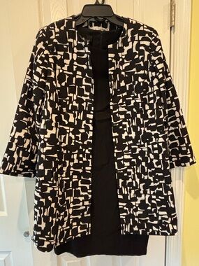 Kasper Black and White Patterned Open-Front Blazer